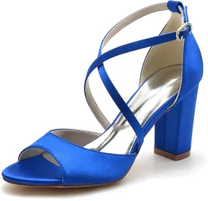 Women's Closed Toe Cross Strap Wedding Shoes for Bride Block Heel Bridal Shoes Satin Prom Party Dress Pumps