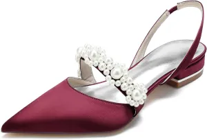 Women's Closed Toe Wedding Flats Slingback Pump Shoes with Pearls Wedding Comfort Low Heel Evening Dress Work Shoes,Satin Pearl Flats Pumps