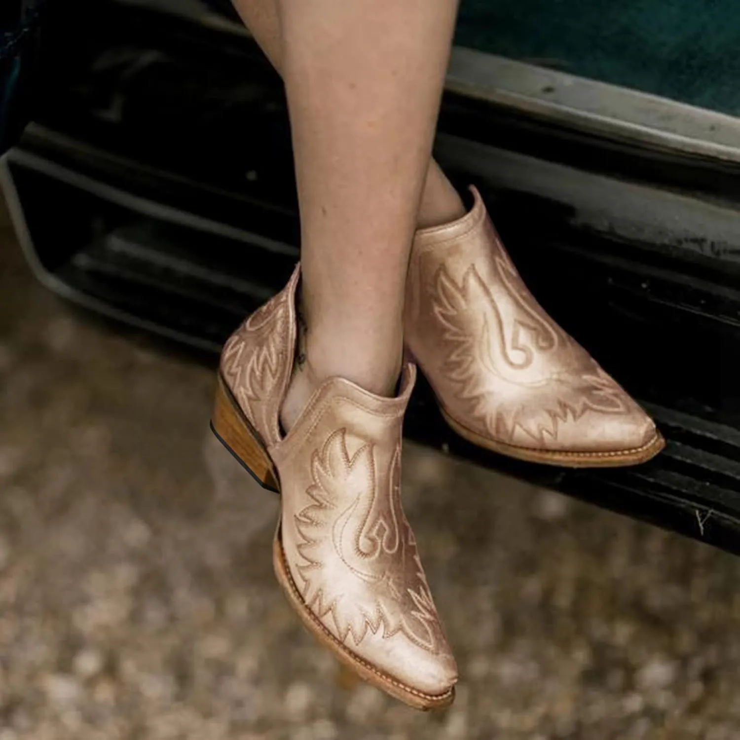 Women's Cowboy Boots Leather Low Heel Slip On Cowgirl Boots V Cut Cutouts Embroidered Western Ankle Booties