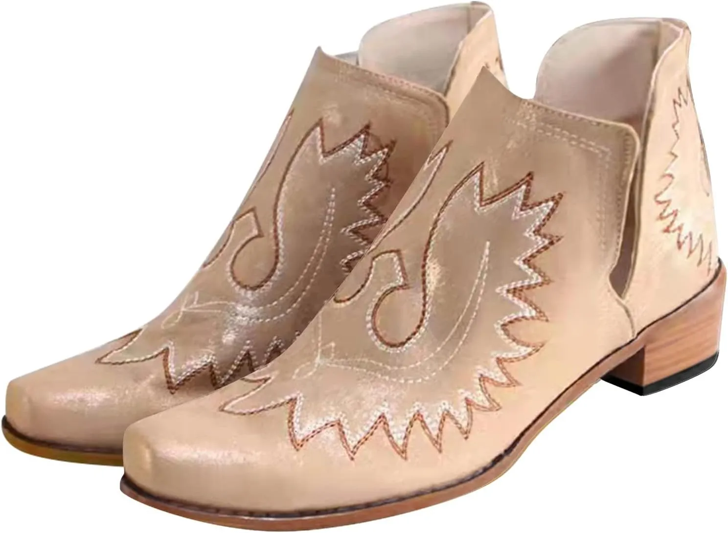 Women's Cowboy Boots Leather Low Heel Slip On Cowgirl Boots V Cut Cutouts Embroidered Western Ankle Booties