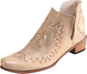 Women's Cowboy Boots Leather Low Heel Slip On Cowgirl Boots V Cut Cutouts Embroidered Western Ankle Booties