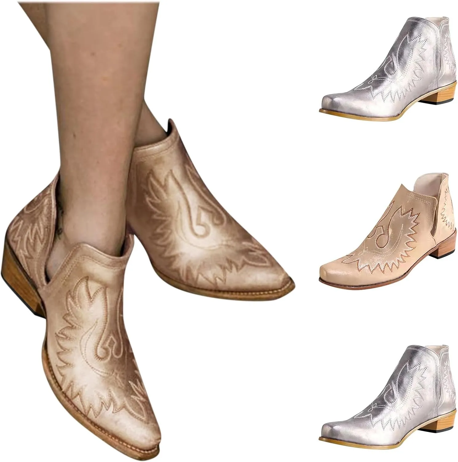 Women's Cowboy Boots Leather Low Heel Slip On Cowgirl Boots V Cut Cutouts Embroidered Western Ankle Booties