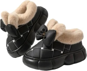 Women's Cute Bowknot Design Plush Lined Slipper, Winter Warm Anti-Skid Waterproof Thick Sole House Boots, Casual Comfortable Furry Bow Slippers