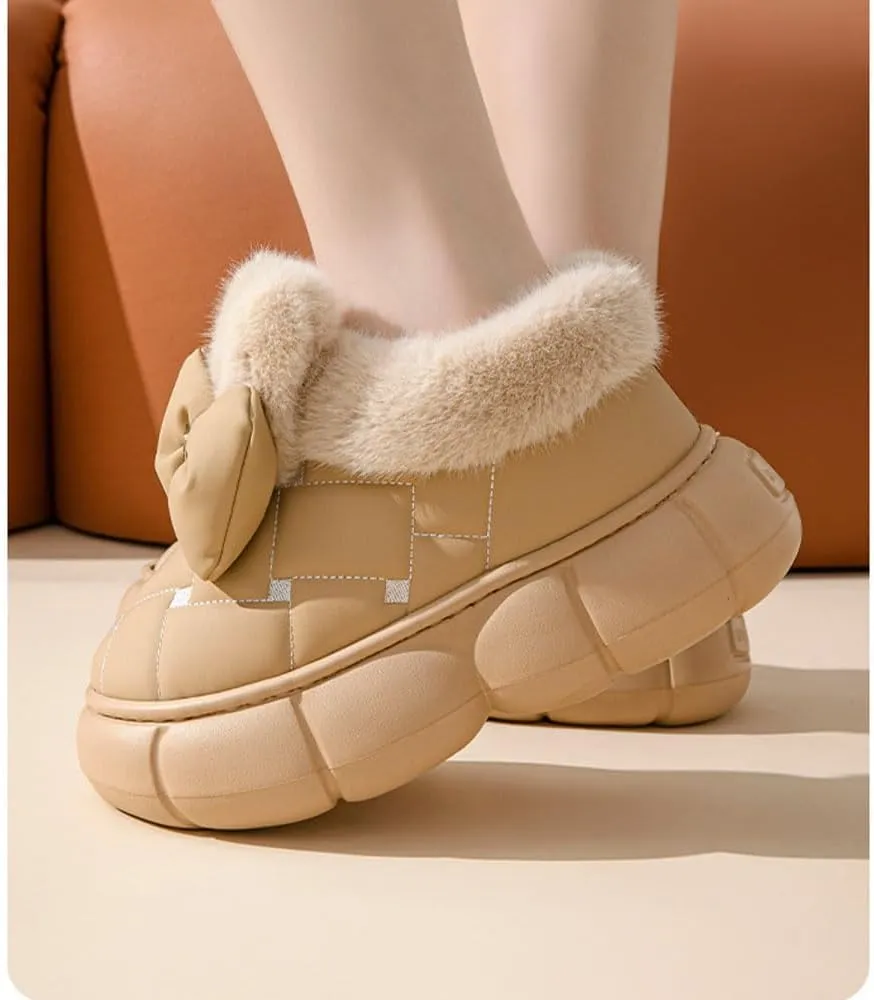 Women's Cute Bowknot Design Plush Lined Slipper, Winter Warm Anti-Skid Waterproof Thick Sole House Boots, Casual Comfortable Furry Bow Slippers