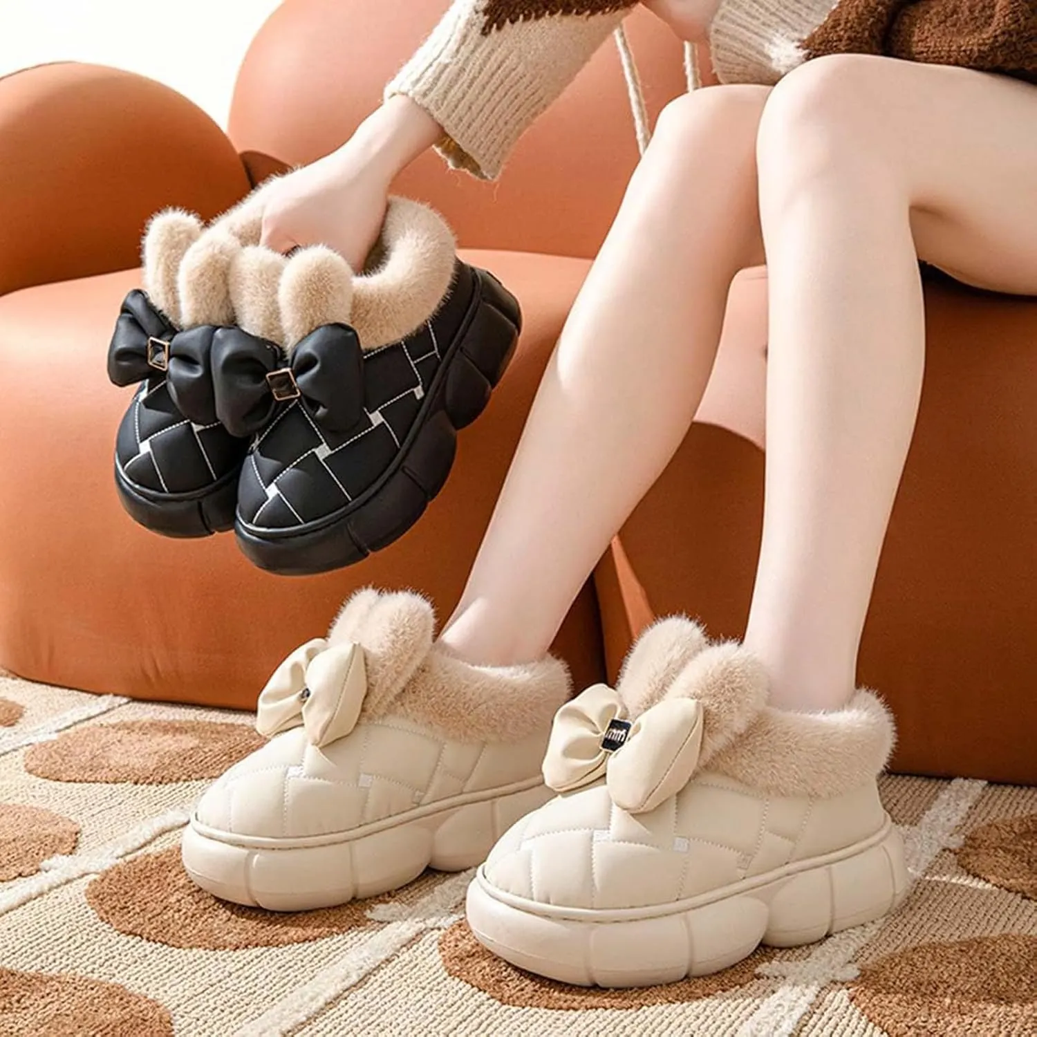 Women's Cute Bowknot Design Plush Lined Slipper, Winter Warm Anti-Skid Waterproof Thick Sole House Boots, Casual Comfortable Furry Bow Slippers