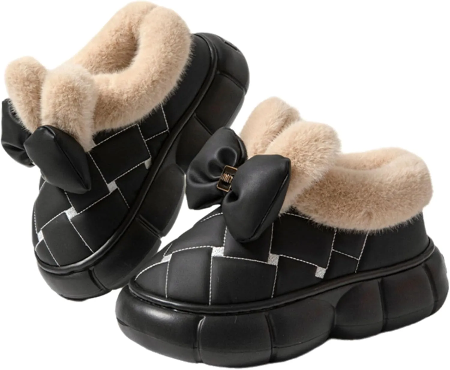 Women's Cute Bowknot Design Plush Lined Slipper, Winter Warm Anti-Skid Waterproof Thick Sole House Boots, Casual Comfortable Furry Bow Slippers