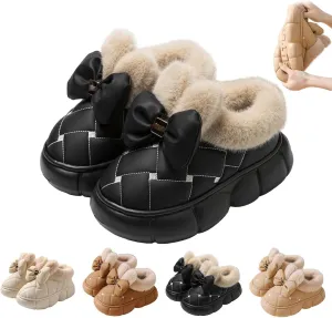 Women's Cute Bowknot Design Plush Lined Slipper, Winter Warm Anti-Skid Waterproof Thick Sole House Boots, Casual Comfortable Furry Bow Slippers