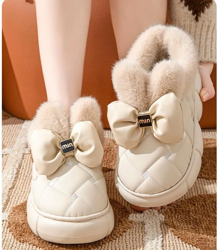 Women's Cute Bowknot Design Plush Lined Slipper, Winter Warm Anti-Skid Waterproof Thick Sole House Boots, Casual Comfortable Furry Bow Slippers