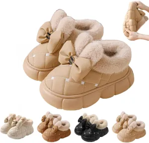 Women's Cute Bowknot Design Plush Lined Slipper, Winter Warm Anti-Skid Waterproof Thick Sole House Boots, Casual Comfortable Furry Bow Slippers