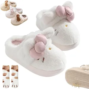 Women's Cute Cartoon Embroidery Bow Decor Plush Slippers, Adorable Fuzzy Cozy Cat Plush Slipper, Winter Warm Soft Cozy Fuzzy Indoor Thick Cotton Slippers