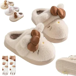 Women's Cute Cartoon Embroidery Bow Decor Plush Slippers, Adorable Fuzzy Cozy Cat Plush Slipper, Winter Warm Soft Cozy Fuzzy Indoor Thick Cotton Slippers