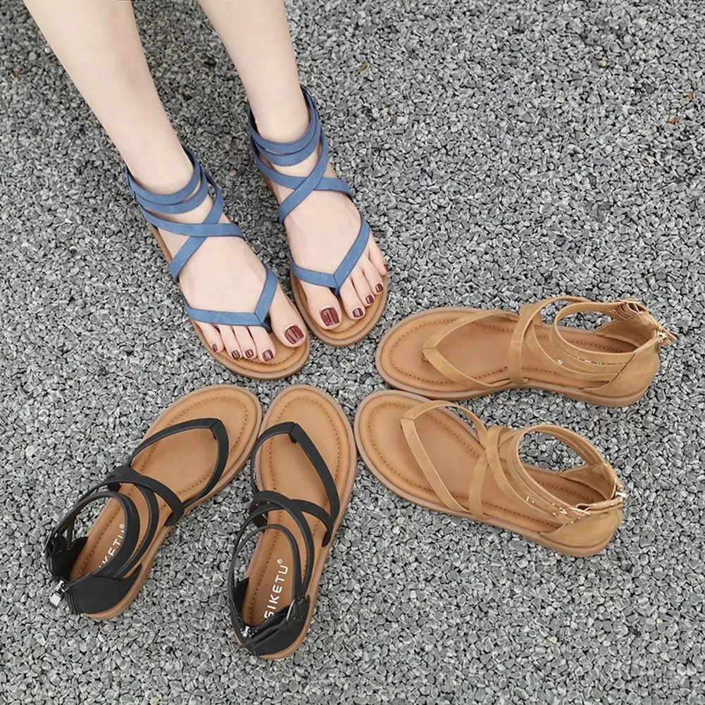 Women's Dressy Gladiator Summer Cross Strappy Sandals Open Toe Comfort Flat Casual Beach Fisherman Thong Sandals for Beach Vacation