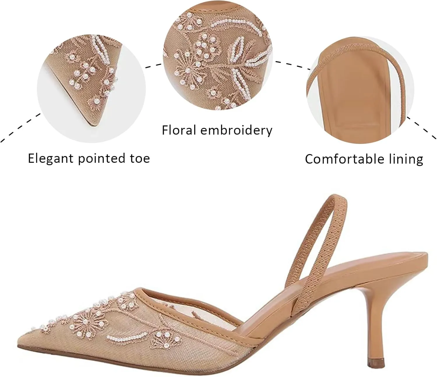Women's Embroidered Mesh Pointed Toe Slingback Kitten Heel Pumps With Back Strap Exquisite Pearl Comfortable Non-slip Slip On Heeled Sandals Summer Wedding Party Dress Shoes