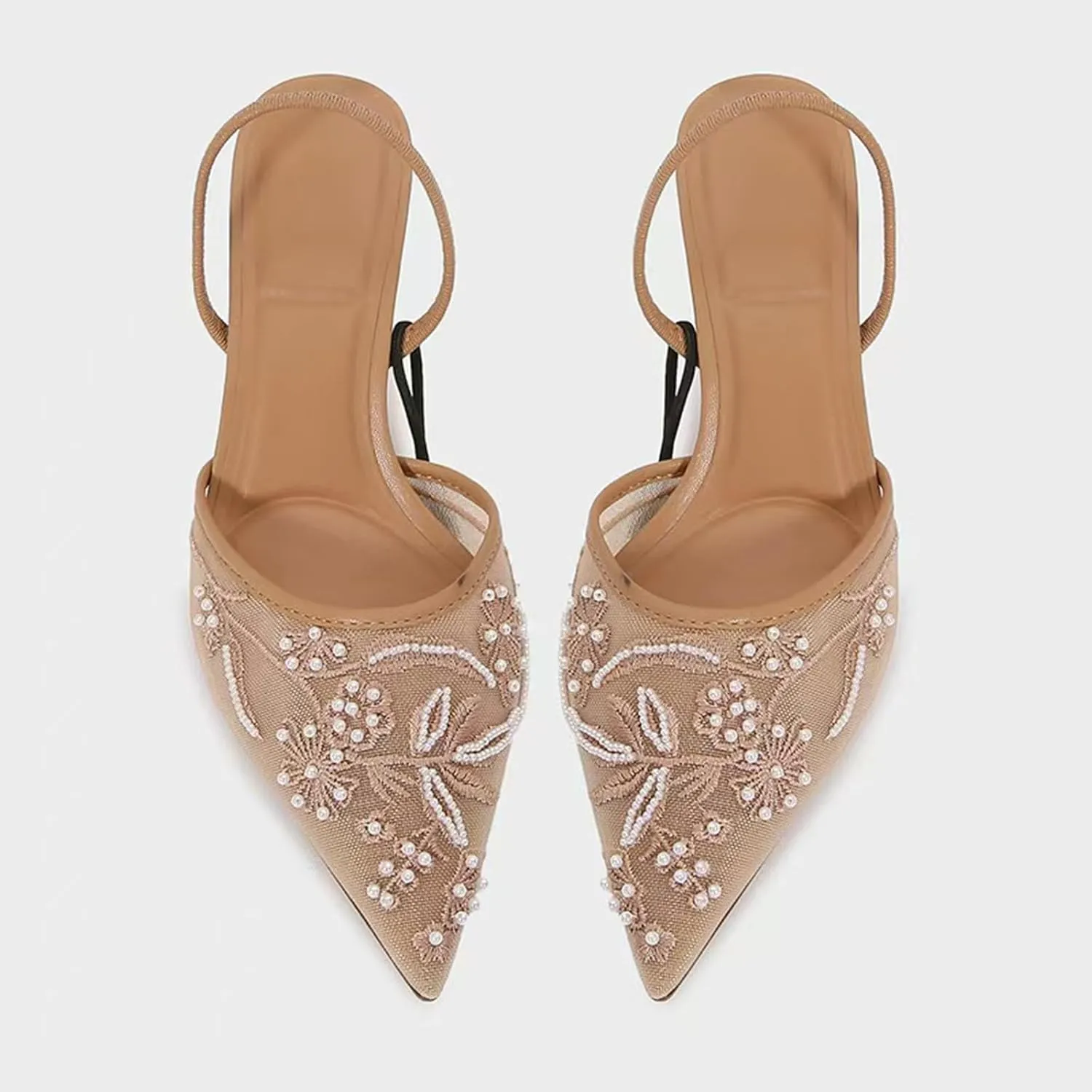 Women's Embroidered Mesh Pointed Toe Slingback Kitten Heel Pumps With Back Strap Exquisite Pearl Comfortable Non-slip Slip On Heeled Sandals Summer Wedding Party Dress Shoes