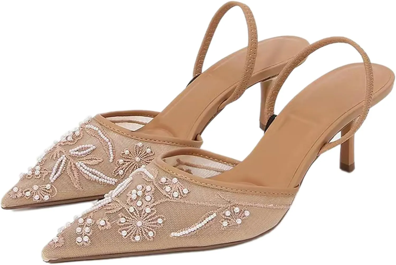 Women's Embroidered Mesh Pointed Toe Slingback Kitten Heel Pumps With Back Strap Exquisite Pearl Comfortable Non-slip Slip On Heeled Sandals Summer Wedding Party Dress Shoes