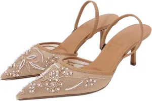 Women's Embroidered Mesh Pointed Toe Slingback Kitten Heel Pumps With Back Strap Exquisite Pearl Comfortable Non-slip Slip On Heeled Sandals Summer Wedding Party Dress Shoes