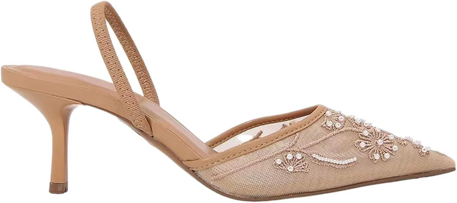 Women's Embroidered Mesh Pointed Toe Slingback Kitten Heel Pumps With Back Strap Exquisite Pearl Comfortable Non-slip Slip On Heeled Sandals Summer Wedding Party Dress Shoes