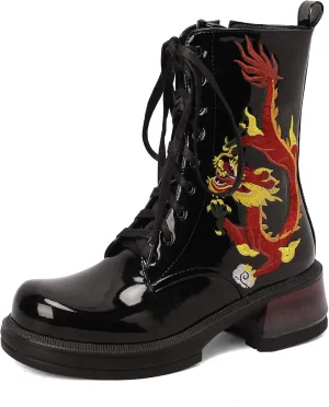 Women's Fashion Chunky Heel Combat Ankle Boots Lace Up Chinese Dragon Ankle Booties with Side Zipper Leather Boots