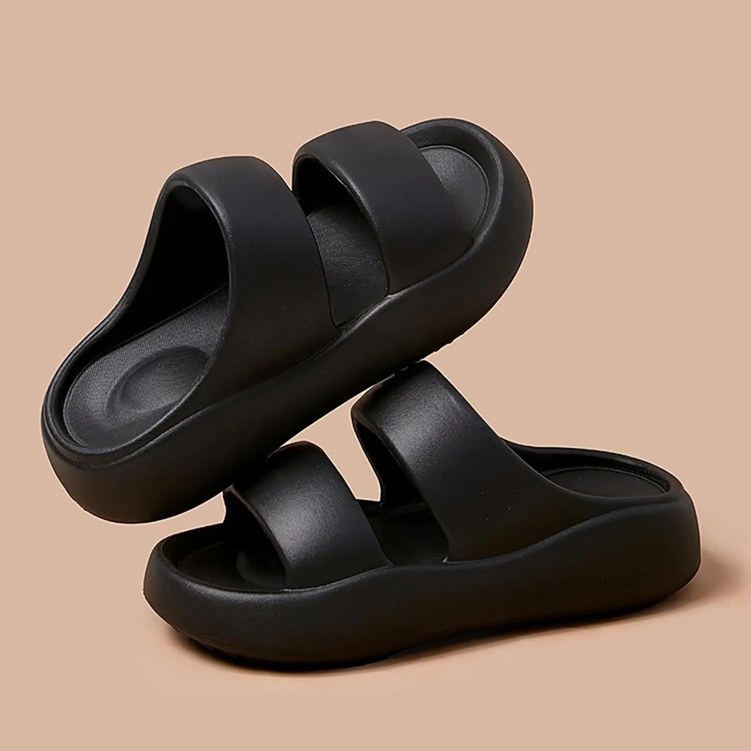 Women's Fashion Cowhide Leather Platform Sandals Comfy Soft Open Toe Slip On Wedge Casual Slides Summer Beach Lightweight Flatform Chunky Slippers