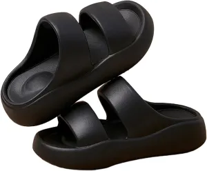 Women's Fashion Cowhide Leather Platform Sandals Comfy Soft Open Toe Slip On Wedge Casual Slides Summer Beach Lightweight Flatform Chunky Slippers