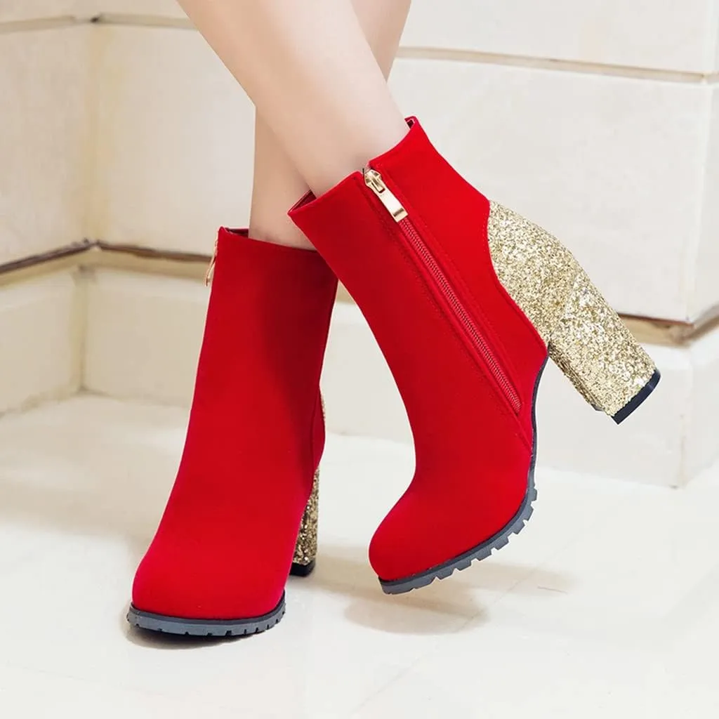 Women's Fashion Glitter Chunky High Heel Dressy Ankle Boots Round Toe Side Zipper Dress Short Booties