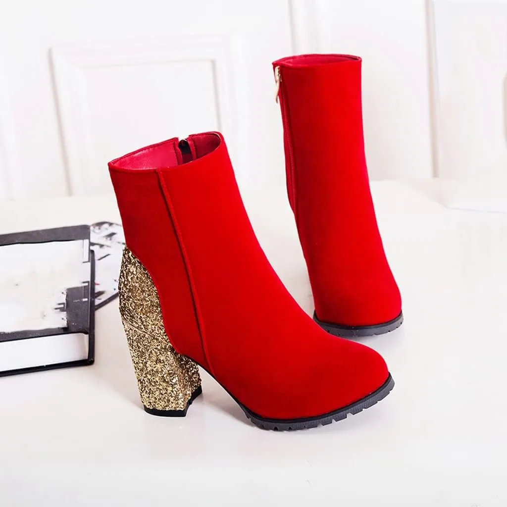 Women's Fashion Glitter Chunky High Heel Dressy Ankle Boots Round Toe Side Zipper Dress Short Booties