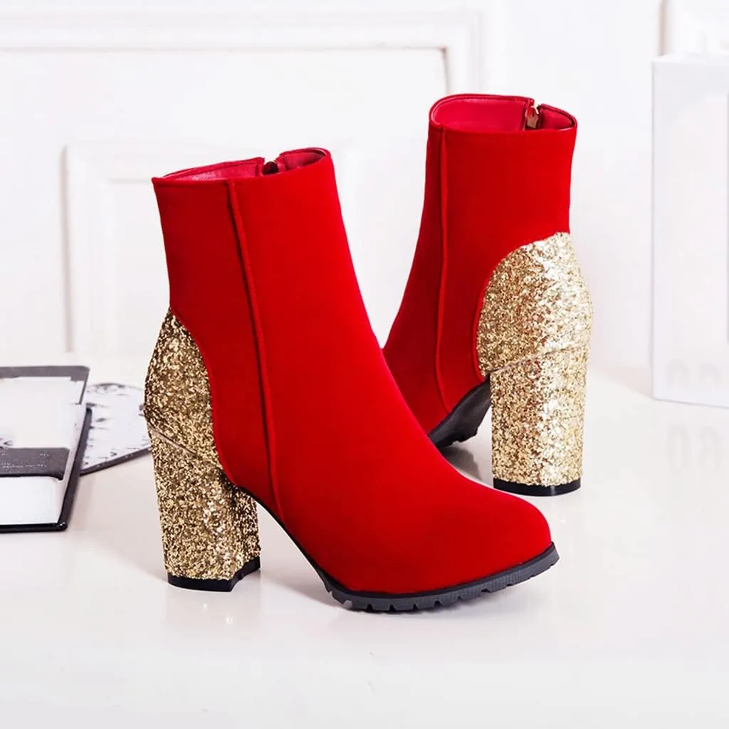 Women's Fashion Glitter Chunky High Heel Dressy Ankle Boots Round Toe Side Zipper Dress Short Booties