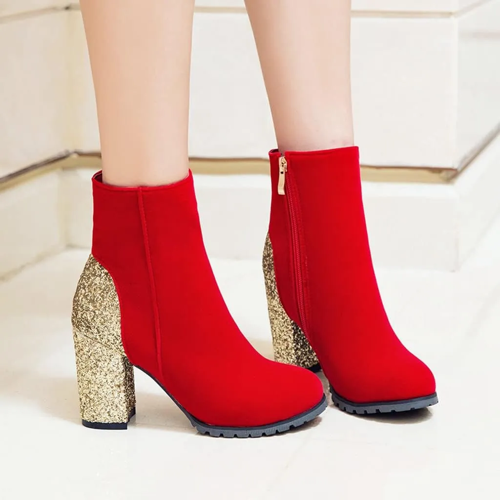 Women's Fashion Glitter Chunky High Heel Dressy Ankle Boots Round Toe Side Zipper Dress Short Booties