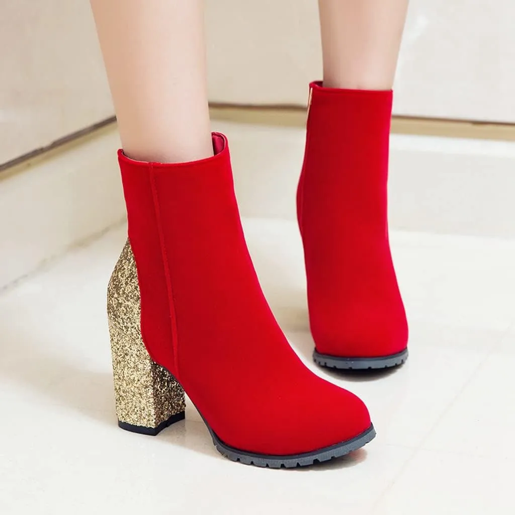 Women's Fashion Glitter Chunky High Heel Dressy Ankle Boots Round Toe Side Zipper Dress Short Booties