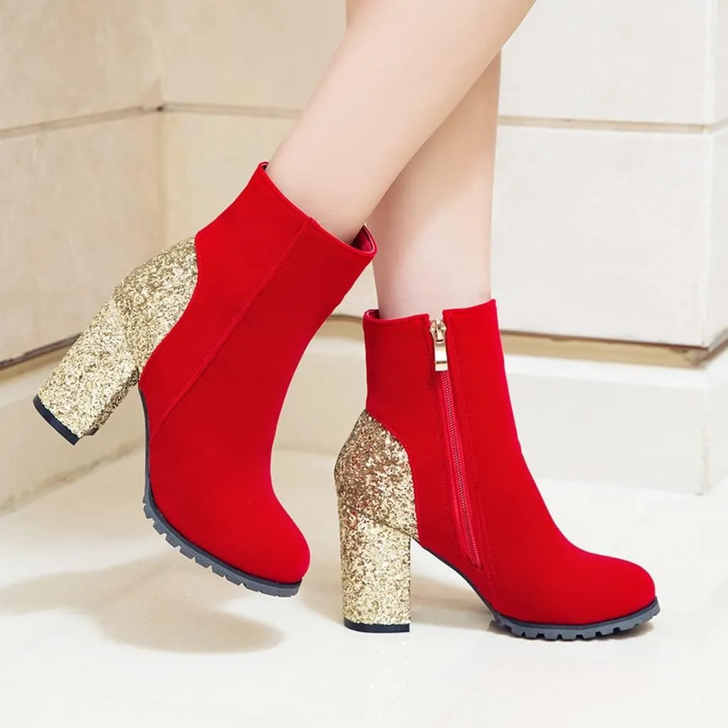 Women's Fashion Glitter Chunky High Heel Dressy Ankle Boots Round Toe Side Zipper Dress Short Booties