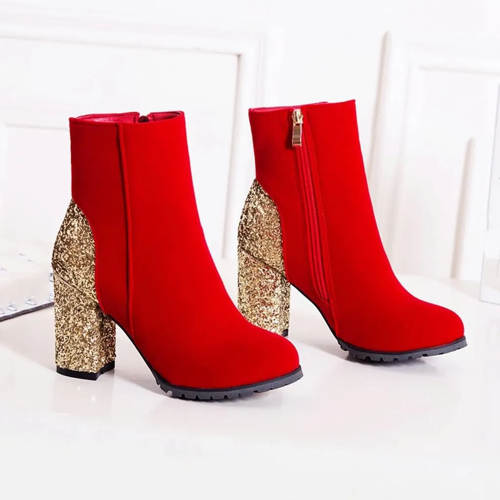 Women's Fashion Glitter Chunky High Heel Dressy Ankle Boots Round Toe Side Zipper Dress Short Booties