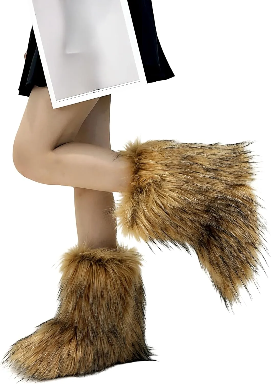 Women's Faux Fur Boots, Furry Fuzzy Mid Calf Snow Boots Y2k, Winter Warm Comfortable Fluffy Boots, Outdoor Indoor Flat Fur Shoes