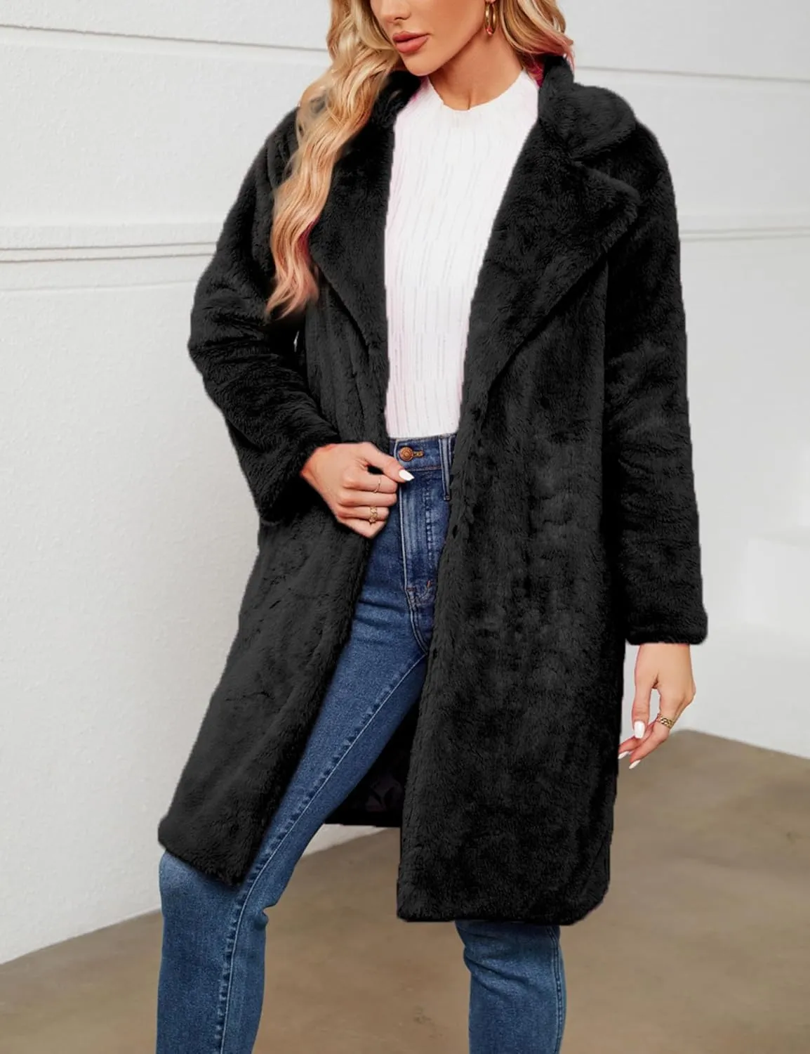 Women's Faux Fur Coat Fuzzy Warm Winter Long Fur Jackets Cardigan Outerwear with Pockets Overcoat