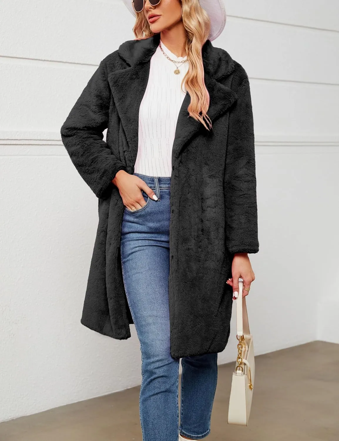 Women's Faux Fur Coat Fuzzy Warm Winter Long Fur Jackets Cardigan Outerwear with Pockets Overcoat