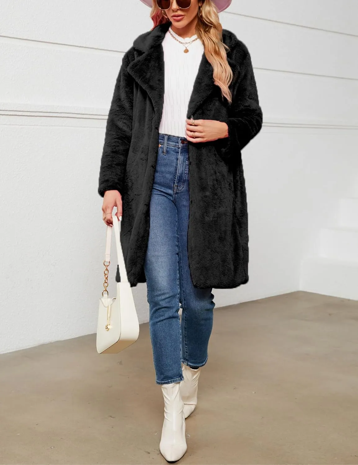 Women's Faux Fur Coat Fuzzy Warm Winter Long Fur Jackets Cardigan Outerwear with Pockets Overcoat