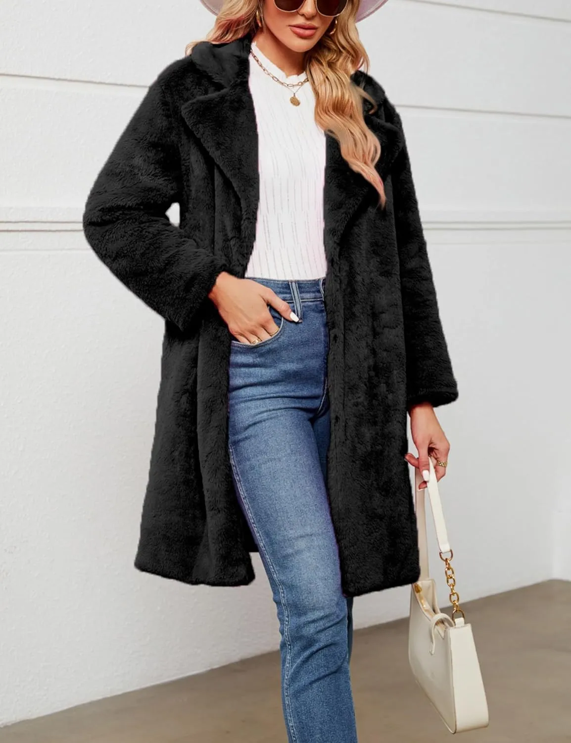 Women's Faux Fur Coat Fuzzy Warm Winter Long Fur Jackets Cardigan Outerwear with Pockets Overcoat