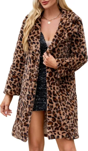 Women's Faux Fur Coat Fuzzy Warm Winter Long Fur Jackets Cardigan Outerwear with Pockets Overcoat