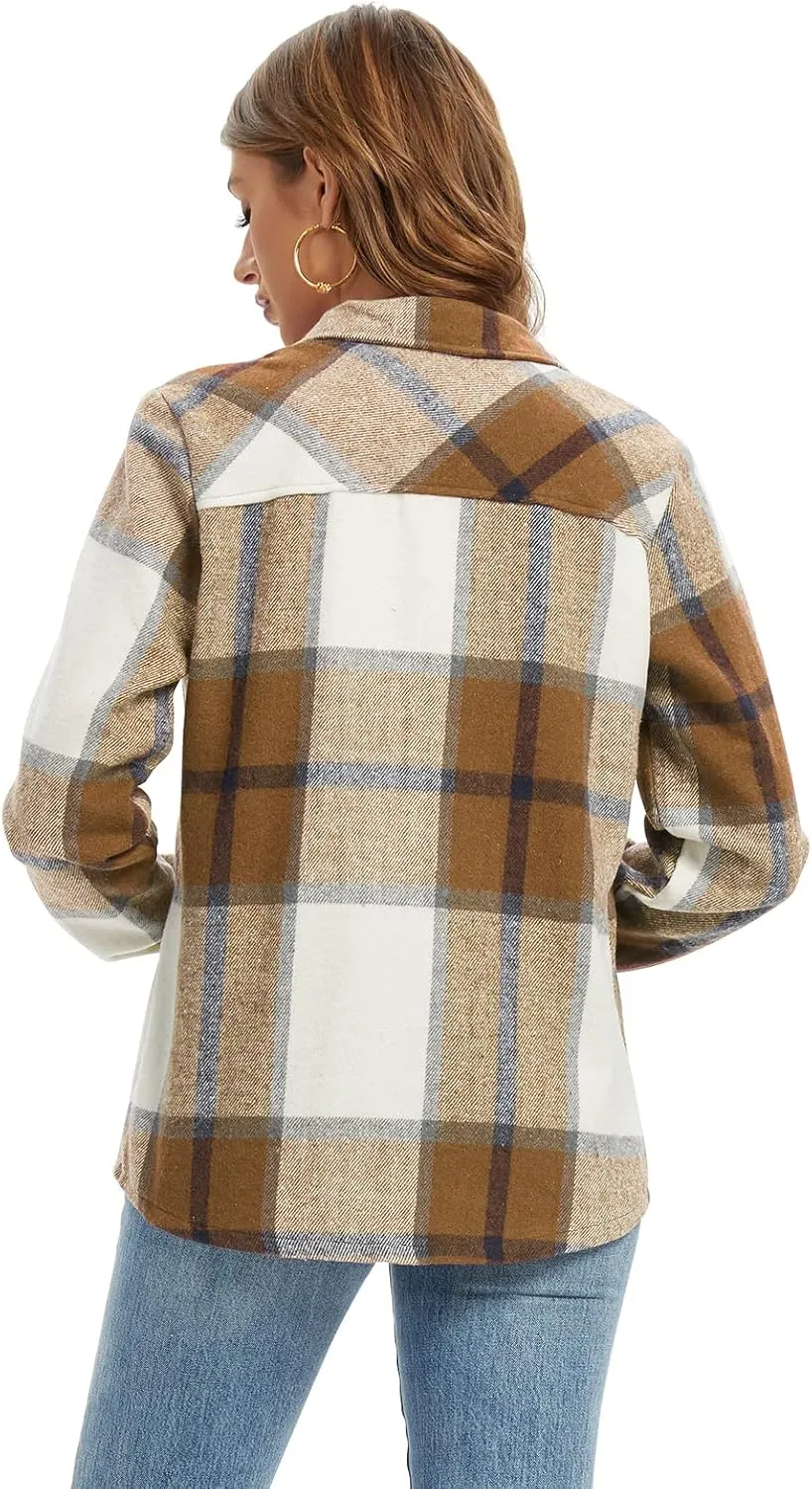 Women's Flannel Plaid Shacket Jacket Fashion Button Down Long Sleeve Casual Shirt Shackets Fall Clothes for Women