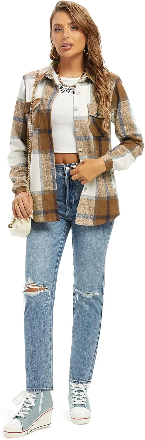 Women's Flannel Plaid Shacket Jacket Fashion Button Down Long Sleeve Casual Shirt Shackets Fall Clothes for Women