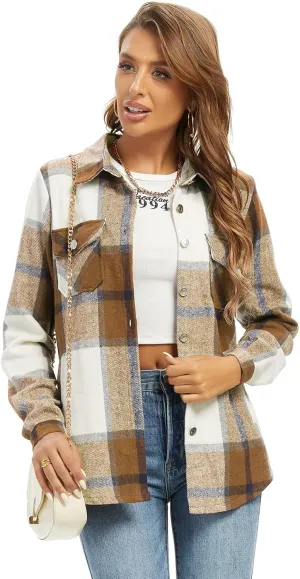 Women's Flannel Plaid Shacket Jacket Fashion Button Down Long Sleeve Casual Shirt Shackets Fall Clothes for Women