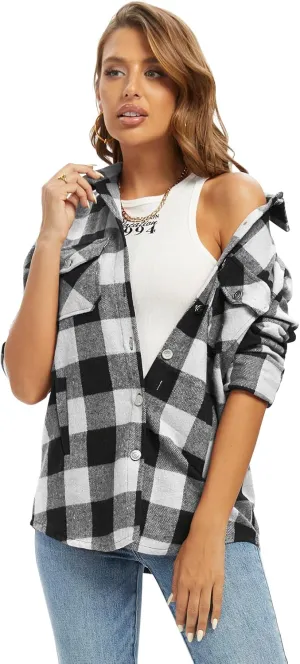 Women's Flannel Plaid Shacket Jacket Fashion Button Down Long Sleeve Casual Shirt Shackets Fall Clothes for Women
