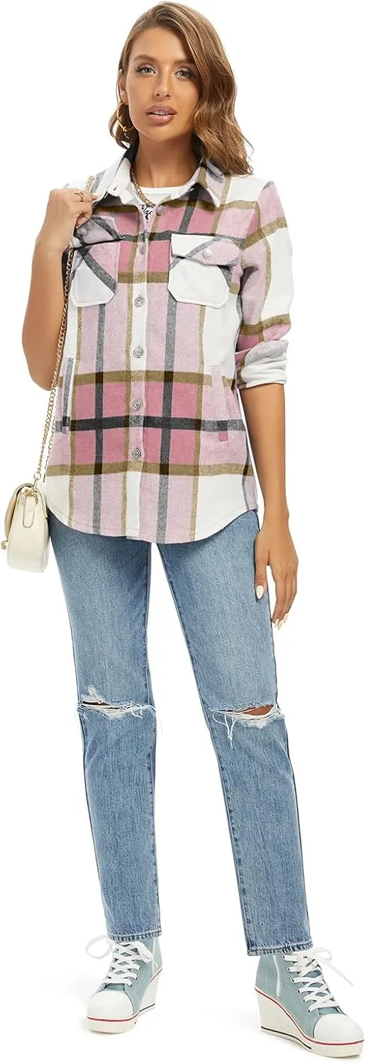 Women's Flannel Plaid Shacket Jacket Fashion Button Down Long Sleeve Casual Shirt Shackets Fall Clothes for Women