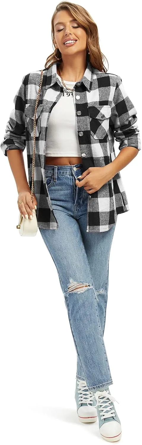 Women's Flannel Plaid Shacket Jacket Fashion Button Down Long Sleeve Casual Shirt Shackets Fall Clothes for Women