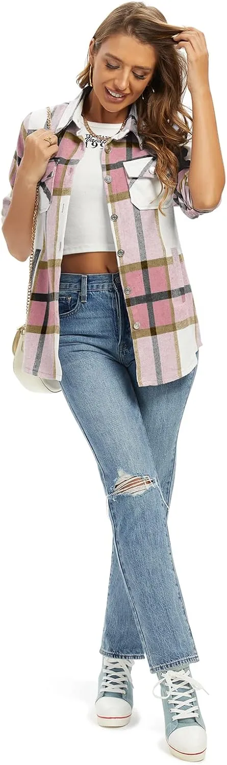 Women's Flannel Plaid Shacket Jacket Fashion Button Down Long Sleeve Casual Shirt Shackets Fall Clothes for Women