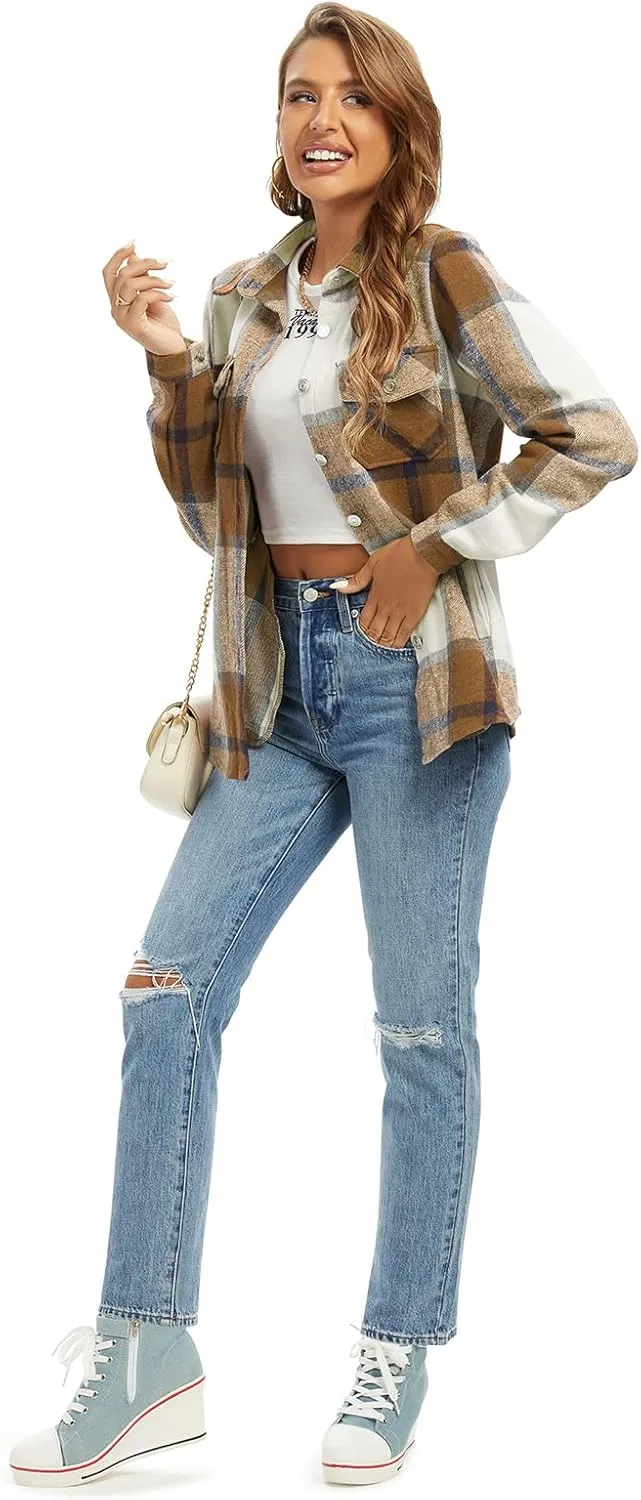 Women's Flannel Plaid Shacket Jacket Fashion Button Down Long Sleeve Casual Shirt Shackets Fall Clothes for Women
