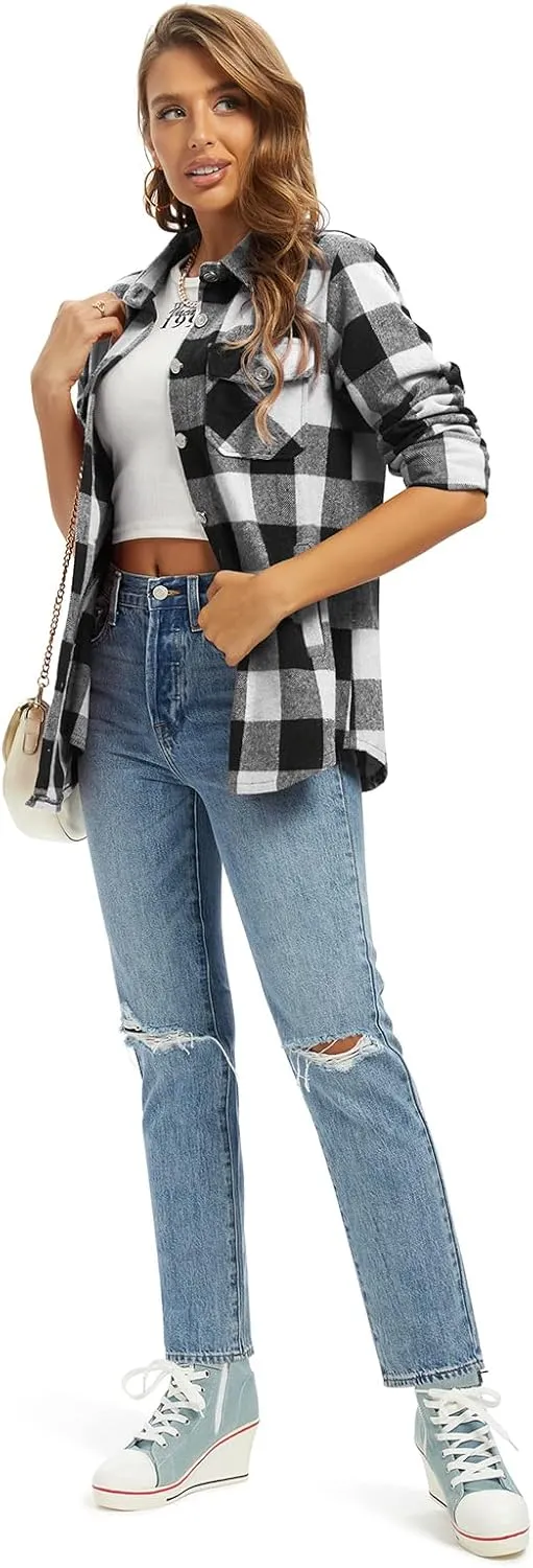 Women's Flannel Plaid Shacket Jacket Fashion Button Down Long Sleeve Casual Shirt Shackets Fall Clothes for Women