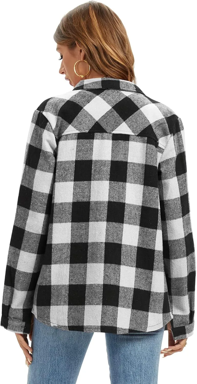 Women's Flannel Plaid Shacket Jacket Fashion Button Down Long Sleeve Casual Shirt Shackets Fall Clothes for Women