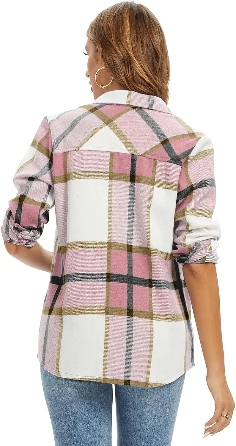 Women's Flannel Plaid Shacket Jacket Fashion Button Down Long Sleeve Casual Shirt Shackets Fall Clothes for Women