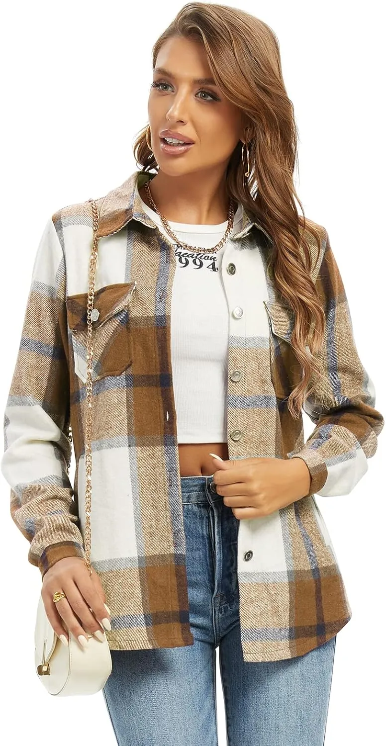 Women's Flannel Plaid Shacket Jacket Fashion Button Down Long Sleeve Casual Shirt Shackets Fall Clothes for Women
