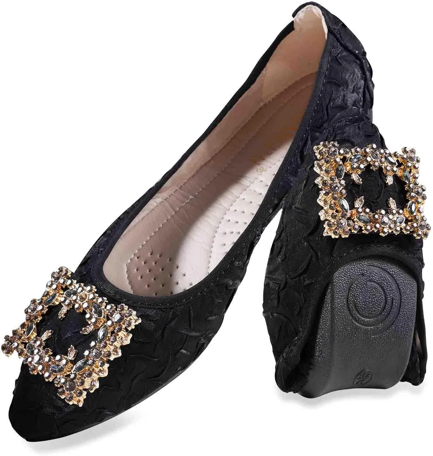 Women's Flats, Foldable Ballet Flats for Women, Fashion Buckle Pionted Toe Comfort Light Weight Slip-On Dress Shoes